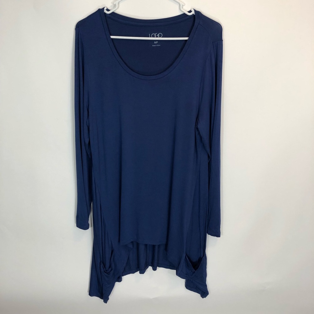 LOGO Lori Goldstein Top MP Blue Tunic Shirt Pocket